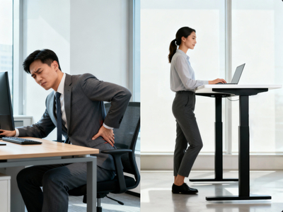 On the left, an employee suffering from persistent back pain is depicted, whilst on the right, an employee effortlessly utilising an electric standing desk is shown..jpg
