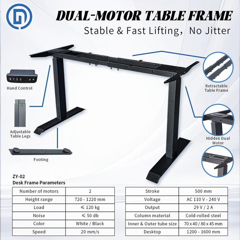 ZY-02 Dual Motor Dual Beam Electric Standing Desk Frame (Infinite Adjustable Extend Beam, 2-Section Lifting)