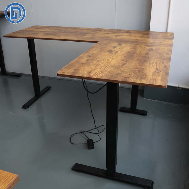 L Shaped Dual Motor Electric Adjustable Height Corner Standing Desk, 3 Lifting Column, Crossbeam Desk Frame Option, One-Piece Desktop