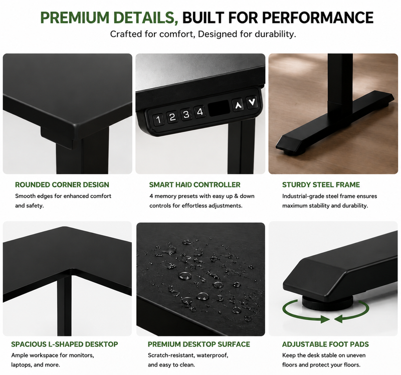 L shaped height adjustable desk