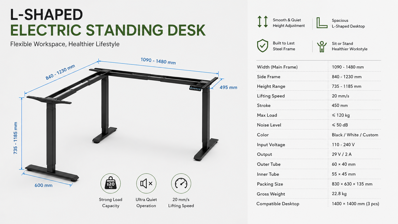 powered L shaped standing desk